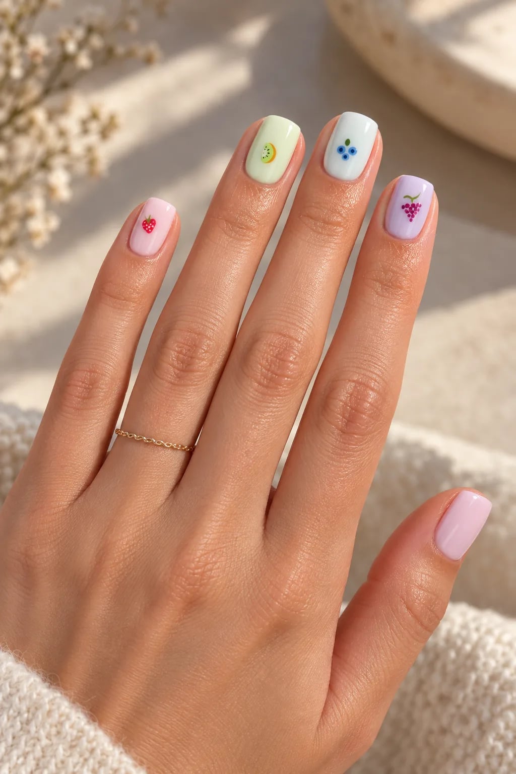 Pastel Square Nails With Fruit Stickers Pastel Square Nails With Fruit Stickers — Cute Square Nails