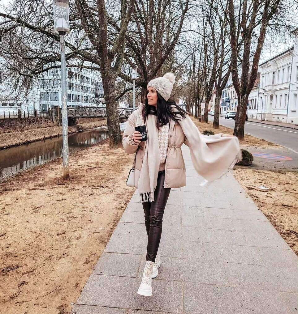 Beige Puffer Jacket With Faux Leather Trousers — Cute Winter Outfits for Women