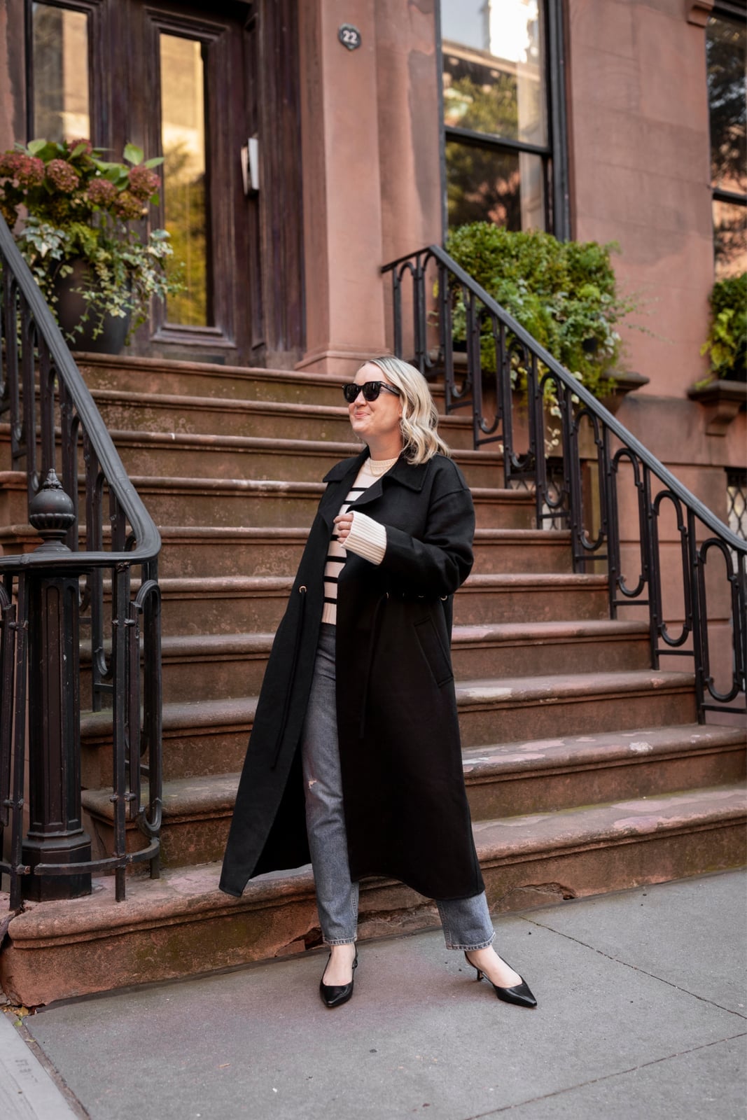 Long Black Coat With Striped Sweater And Jeans — Cute Winter Outfits for Women