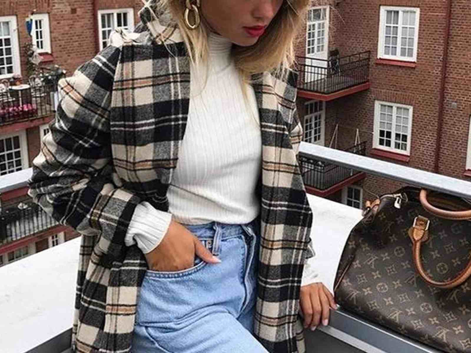 Plaid Coat Over White Turtleneck And Blue Jeans — Cute Winter Outfits for Women