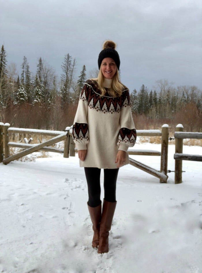 Fair Isle Tunic Sweater With Black Leggings — Cute Winter Outfits for Women