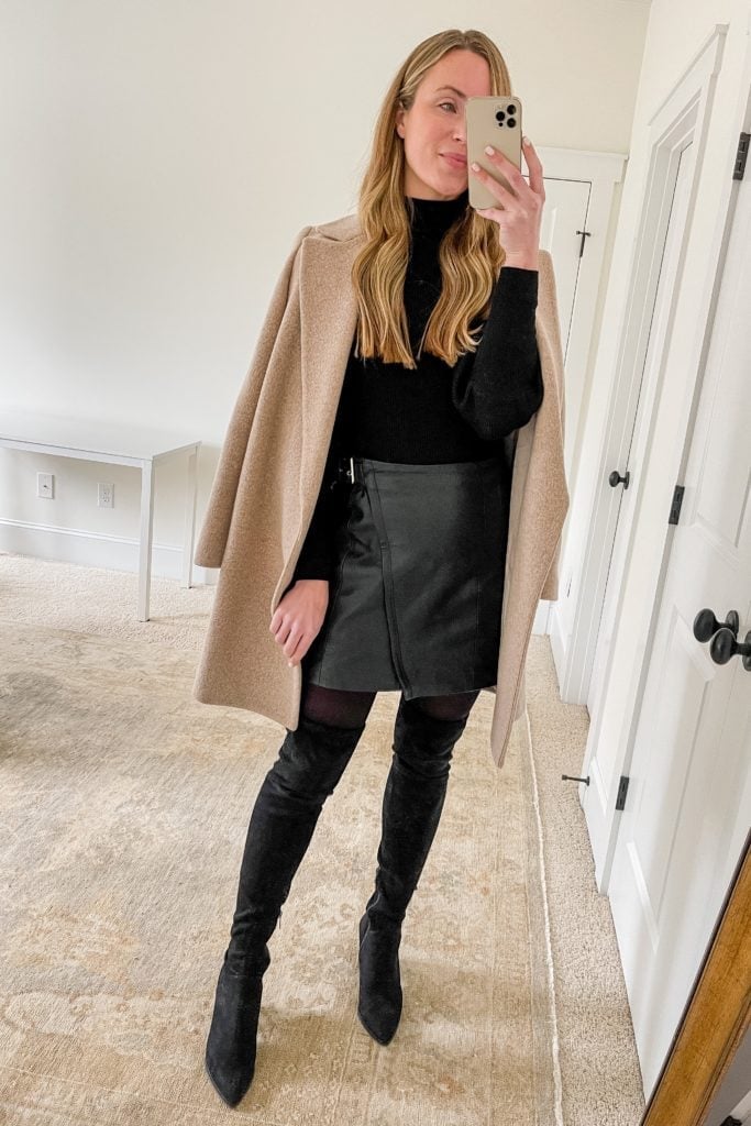 Camel Coat Draped Over Leather Mini Skirt Ensemble — Cute Winter Outfits for Women