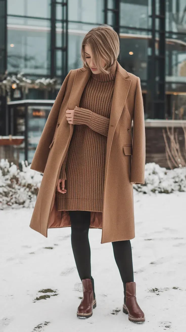 Camel Wool Coat Over Ribbed Knit Dress — Cute Winter Outfits for Women