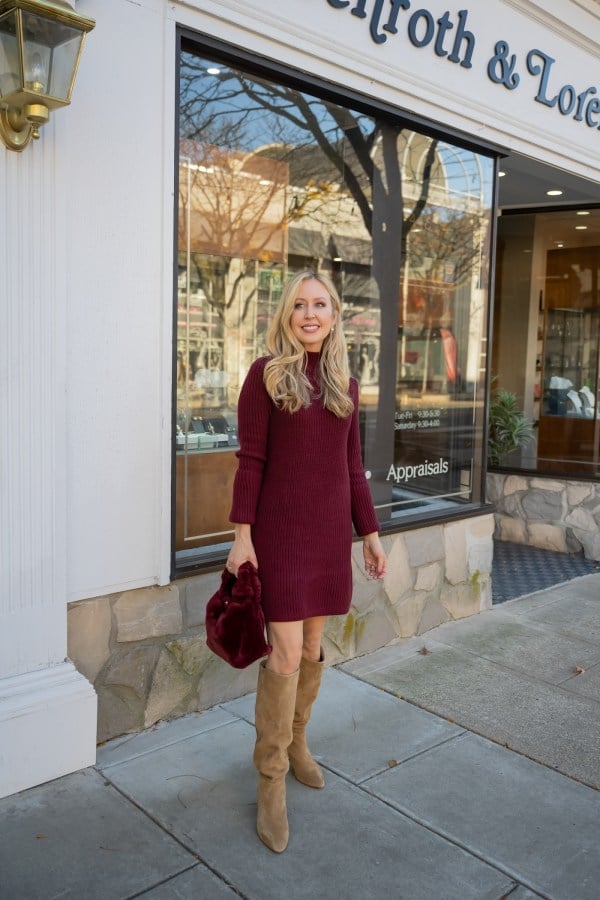 Burgundy Turtleneck Dress With Suede Boots — Cute Winter Outfits for Women