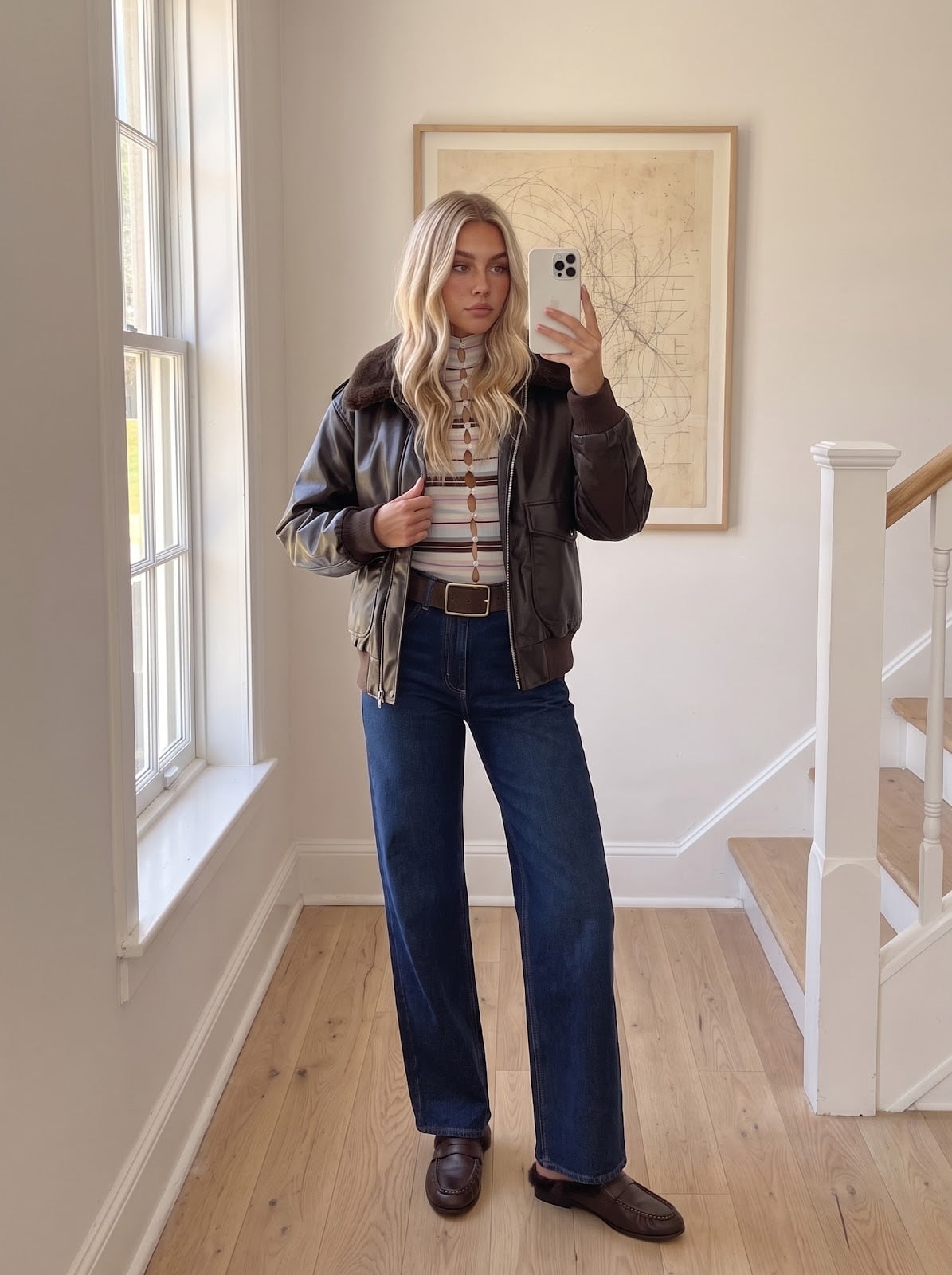 Brown Leather Bomber Jacket With Wide Leg Jeans — Cute Winter Outfits for Women