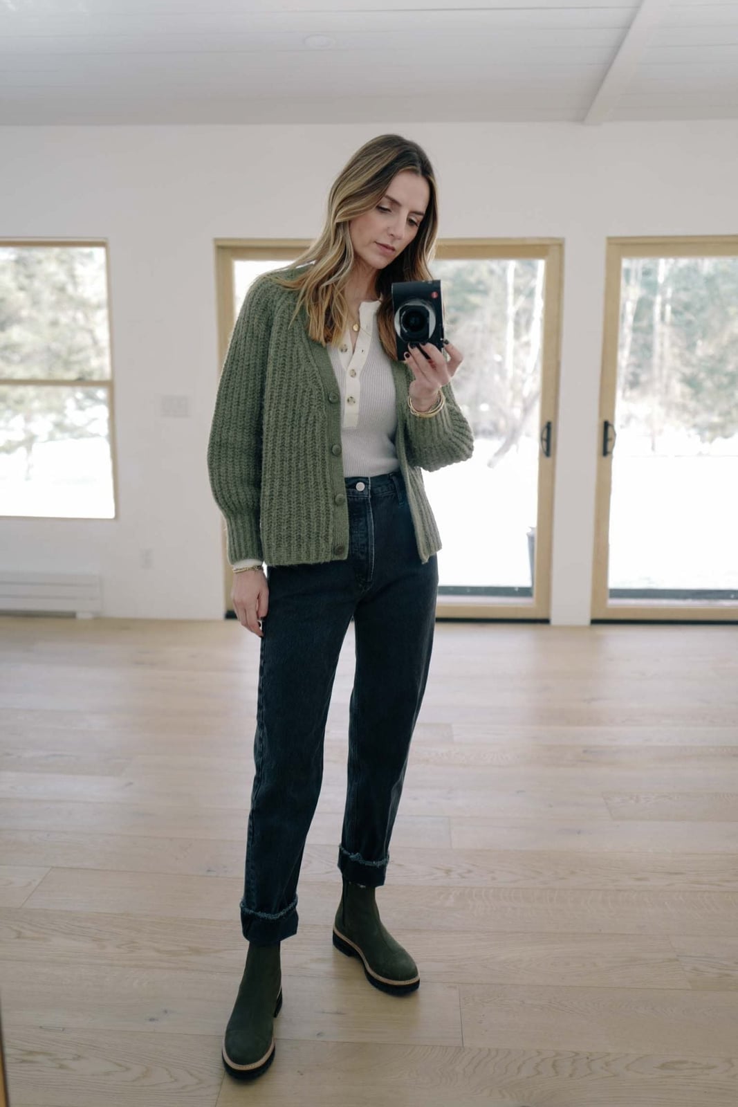 Green Knit Cardigan With Chunky Sole Boots — Cute Winter Outfits for Women