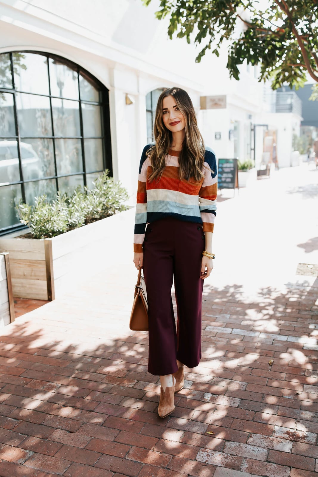 Striped Knit Sweater with Burgundy Cropped Pants — Cute Work Outfit