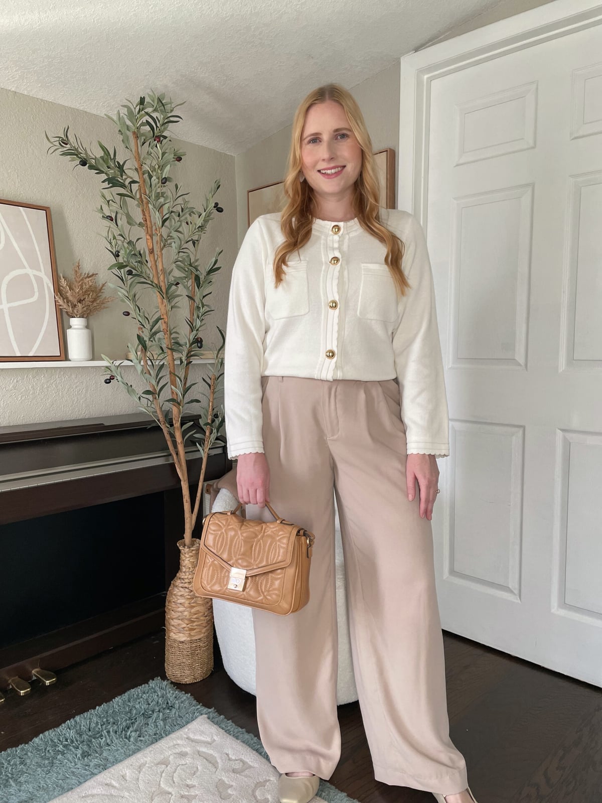 Cream Knit Cardigan with Gold Buttons and Cream Wide-Leg Trousers — Cute Work Outfit