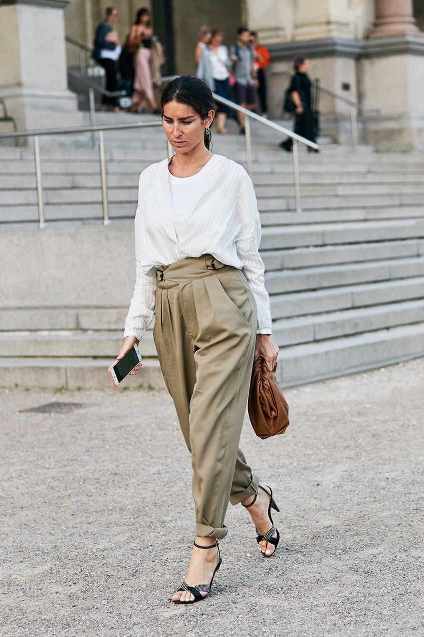 White Striped Shirt with Taupe High-Waisted Pleated Trousers — Cute Work Outfit