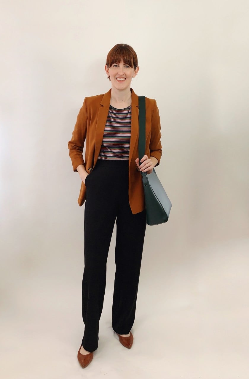 Rust Colored Blazer Over Striped T-Shirt and Black Trousers — Cute Work Outfit