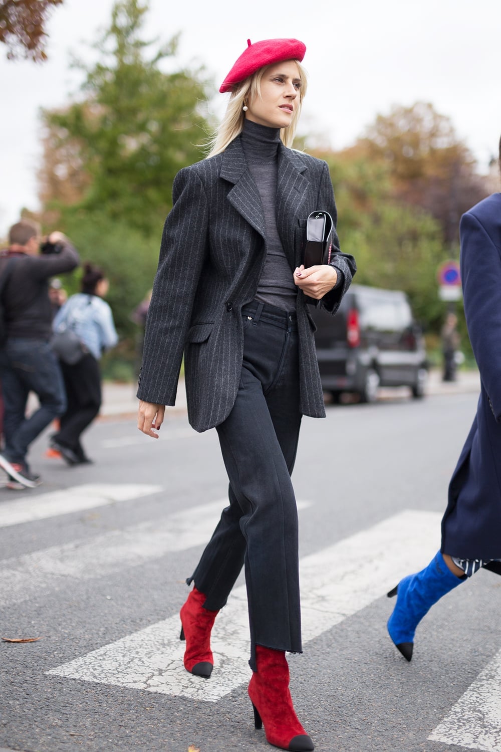 Gray Pinstripe Blazer with Gray Turtleneck and Charcoal Cropped — Cute Work Outfit