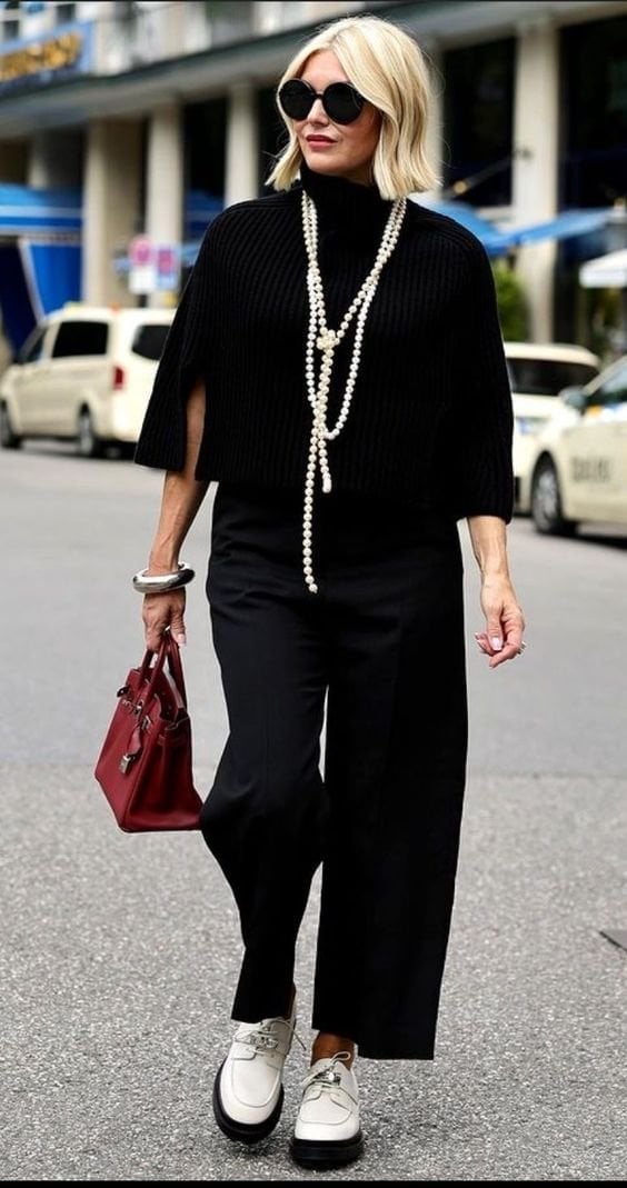 Black Cropped Knit Sweater with Wide-Leg Trousers — Cute Work Outfit