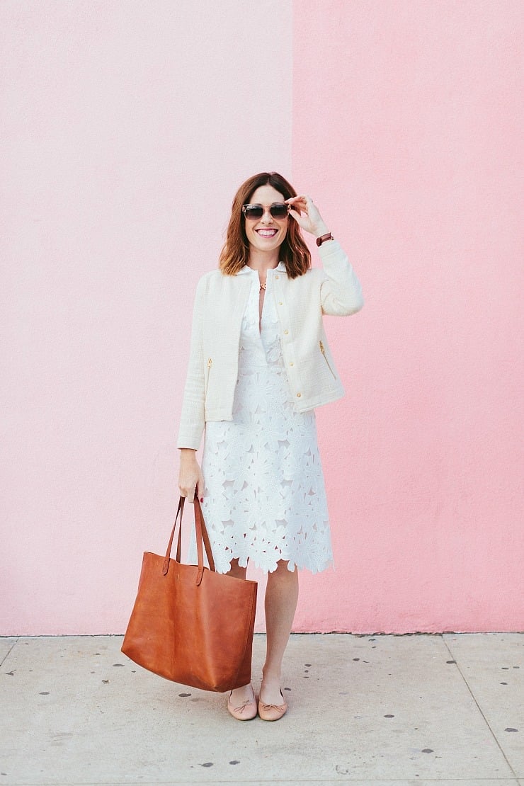 Ivory Textured Jacket Over White Lace Dress — Cute Work Outfit