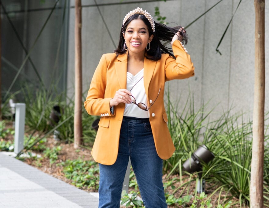 Orange Blazer with White Camisole and Blue Denim Jeans — Cute Work Outfit