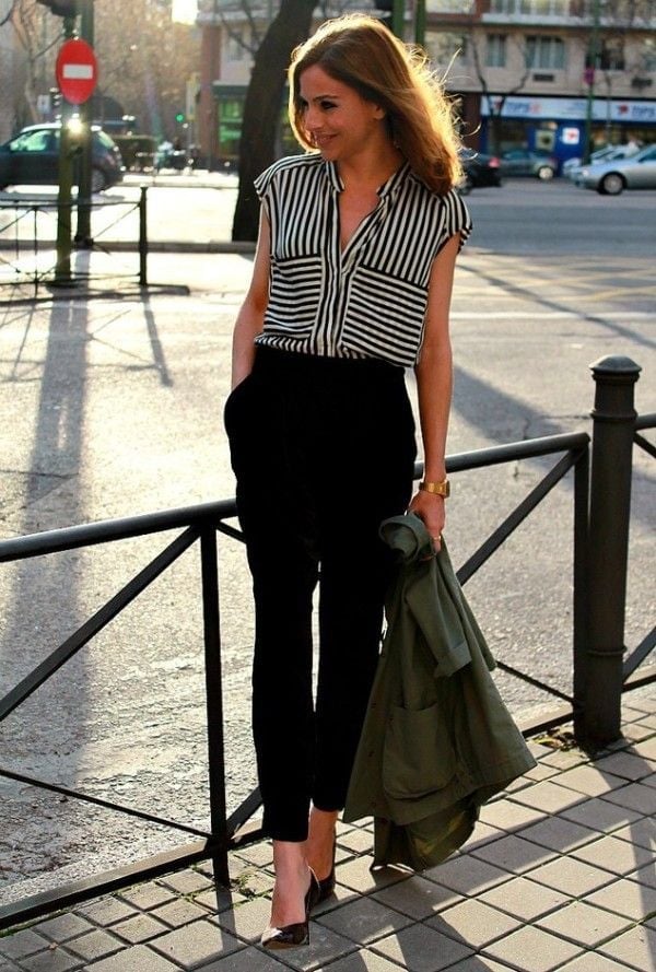 Striped Sleeveless Shirt with Black High-Waisted Trousers — Cute Work Outfit