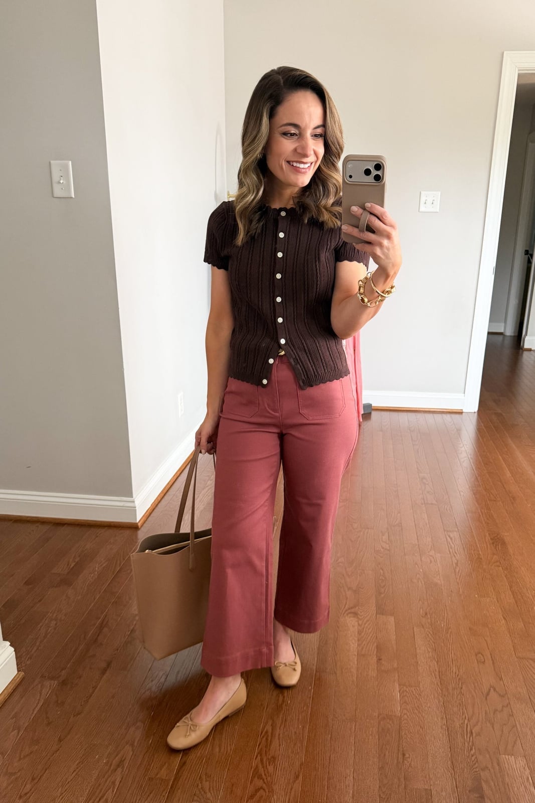 Brown Ribbed Knit Top with Dusty Rose Wide-Leg Trousers — Cute Work Outfit
