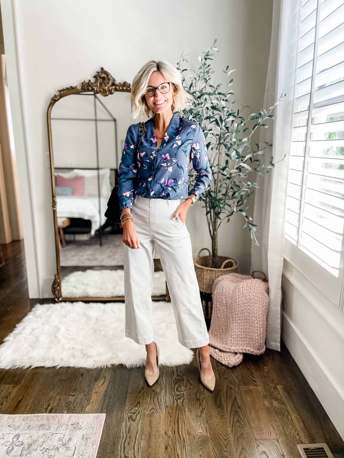 Blue Floral Print Blouse with White Wide-Leg Cropped Trousers — Cute Work Outfit