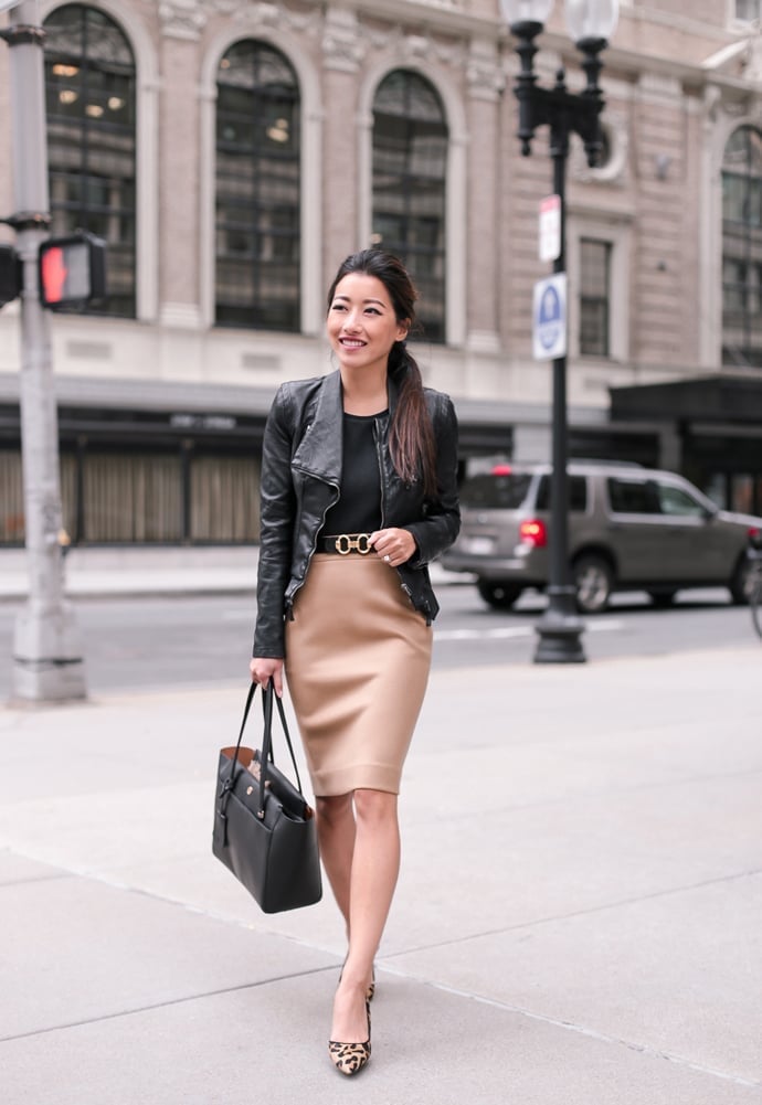 Black Moto Jacket Over Camel Pencil Skirt — Cute Work Outfit