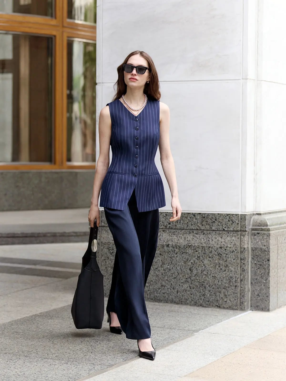Navy Pinstripe Vest and Matching Wide-Leg Trousers — Cute Work Outfit