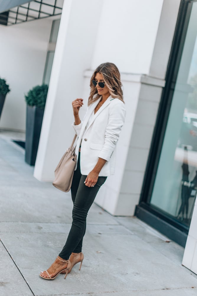 White Oversized Blazer with Charcoal Fitted Trousers — Cute Work Outfit