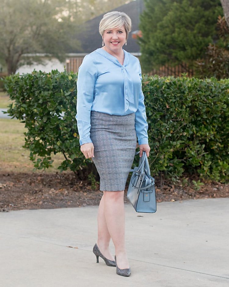 Light Blue Satin Bow-Neck Blouse with Gray Tweed Pencil Skirt — Cute Work Outfit