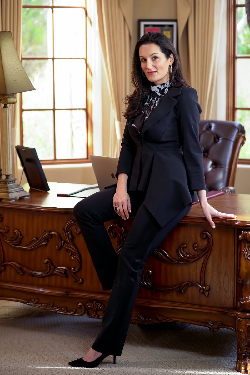 Black Blazer Over Monochrome Patterned Blouse and Straight-Leg Pants — Cute Work Outfit