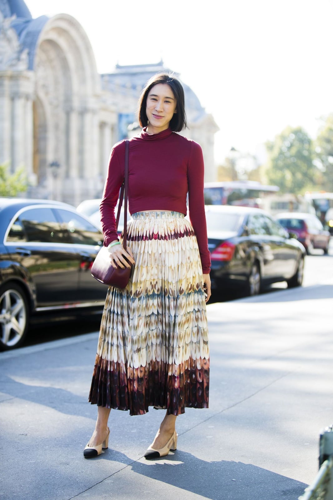 Burgundy Turtleneck with Feather Print Pleated Midi Skirt — Cute Work Outfit