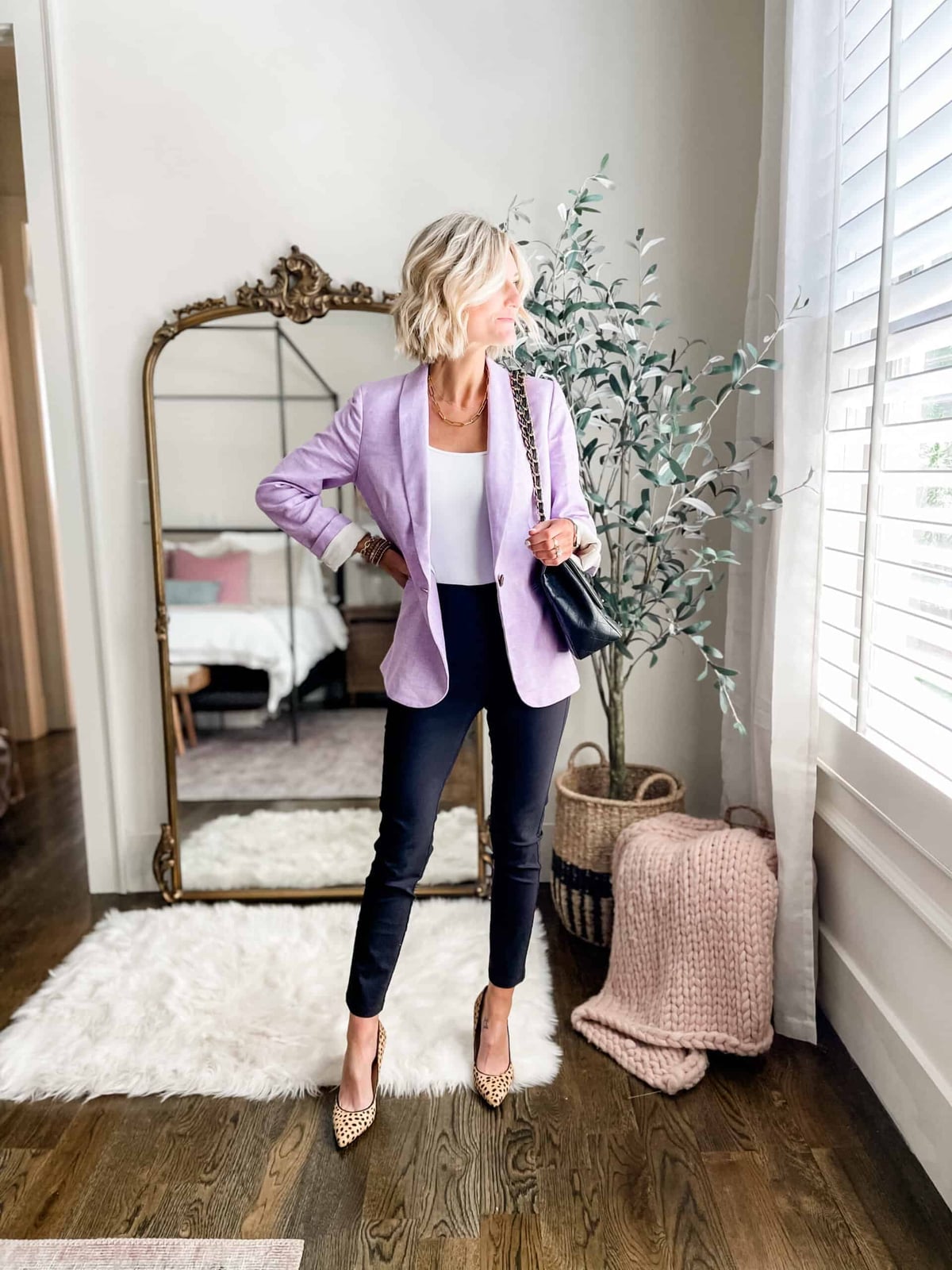 Lavender Blazer with White Tank and Black Slim Trousers — Cute Work Outfit