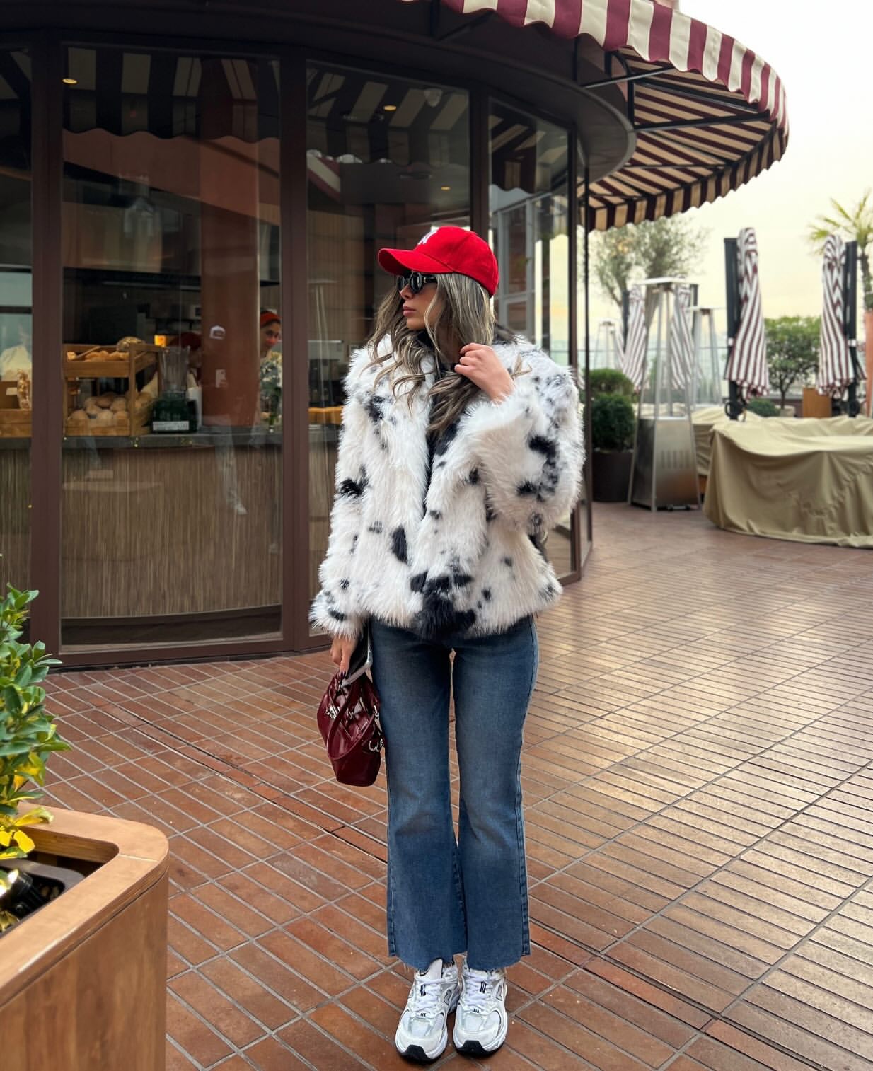 Dalmatian Faux Fur With Blue Denim And Red Cap