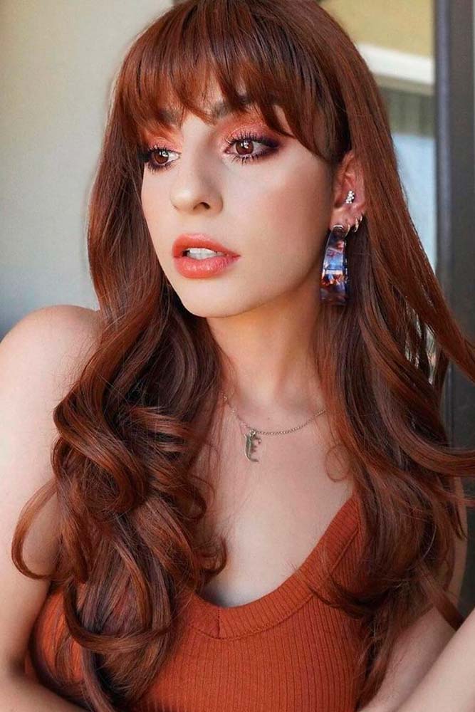 Shoulder Auburn With Blunt Bangs And Curls Shoulder Auburn With Blunt Bangs And Curls — Dark Auburn Hair