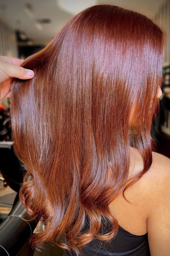 Mid-Back Burnt Copper Auburn Waves Mid-Back Burnt Copper Auburn Waves — Dark Auburn Hair