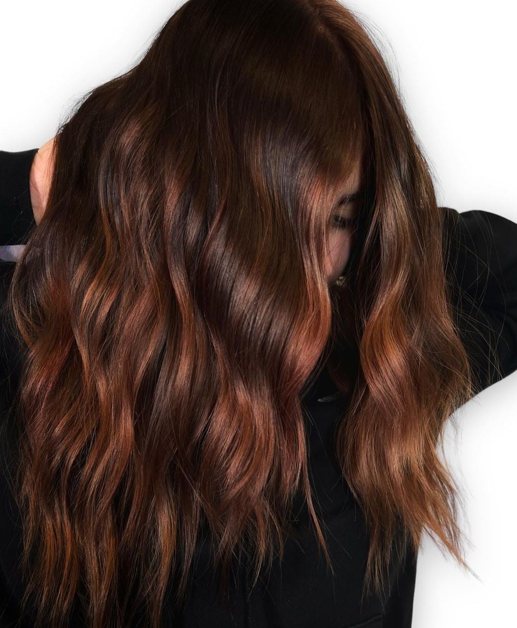 Mid-Back Dark Brown With Auburn Balayage Mid-Back Dark Brown With Auburn Balayage — Dark Auburn Hair