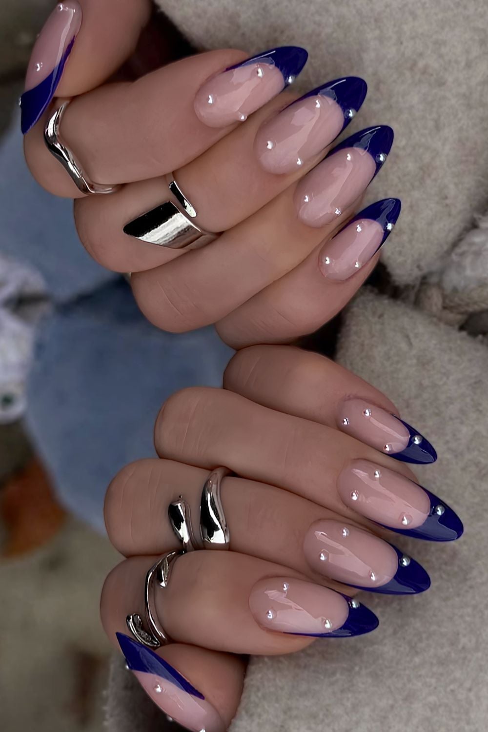 Navy French Tip Medium Almond Nails with Rhinestones Navy French Tip Medium Almond Nails with Rhinestones — Dark Blue Nails