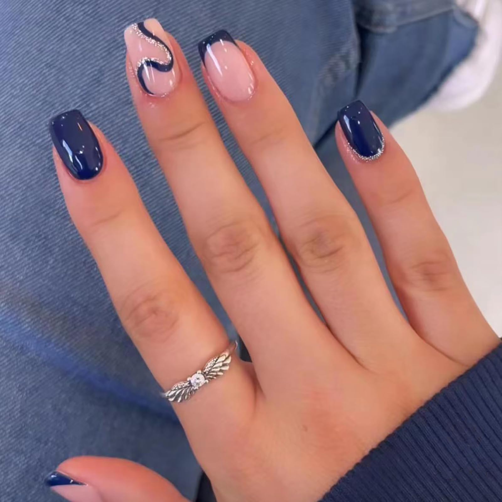 Dark Blue French Tip Medium Square Nails with Glitter Dark Blue French Tip Medium Square Nails with Glitter — Dark Blue Nails