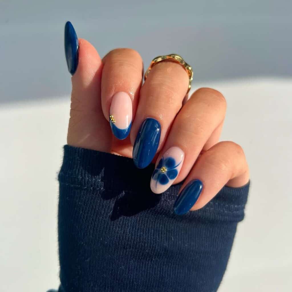Blue French Tip Medium Almond Nails with Gold Dots Blue French Tip Medium Almond Nails with Gold Dots — Dark Blue Nails