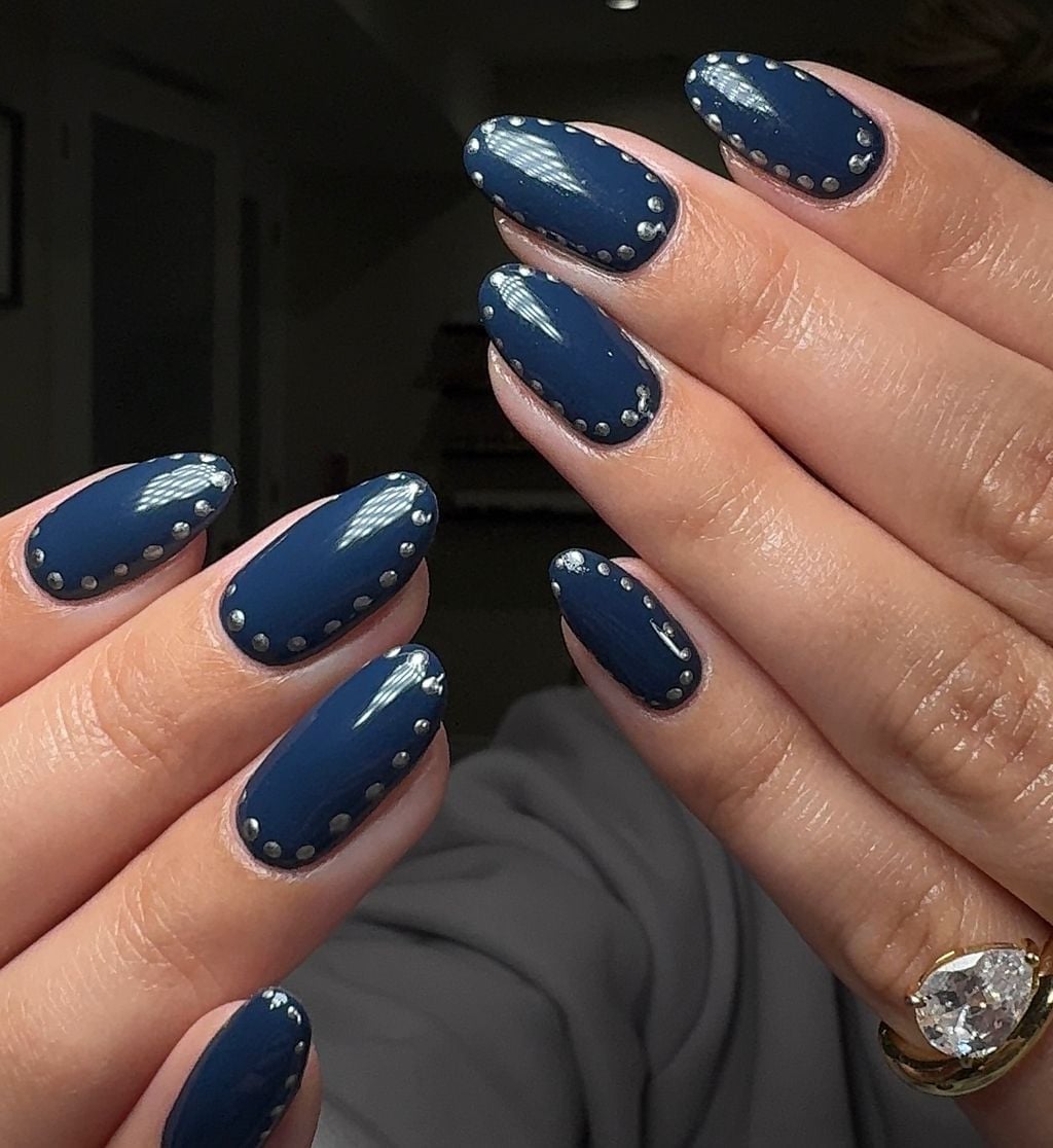 Dark Blue Nails with Silver Stud Cuticle Detail Dark Blue Nails with Silver Stud Cuticle Detail