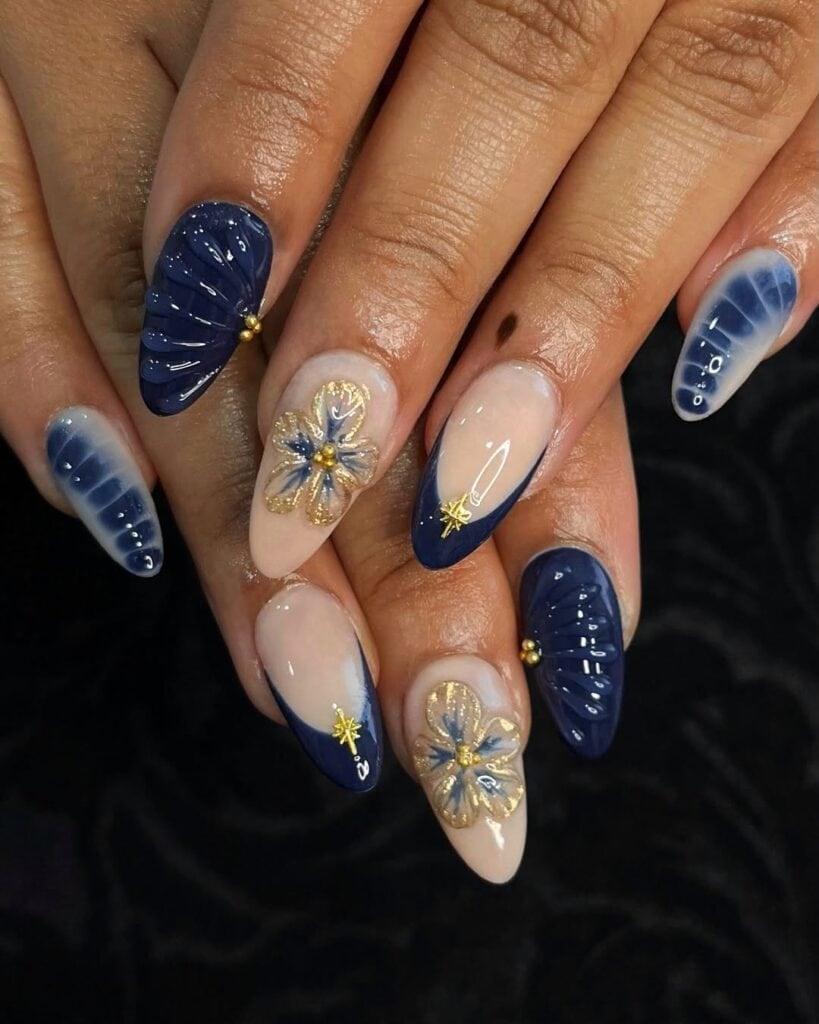 Medium Almond French Tip with 3D Gold Flower Charms Medium Almond French Tip with 3D Gold Flower Charms — Dark Blue Nails
