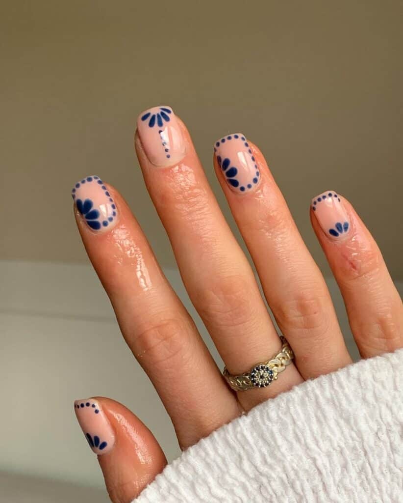 Almond French Tip with 3D Gold Flower Charms Almond French Tip with 3D Gold Flower Charms — Dark Blue Nails