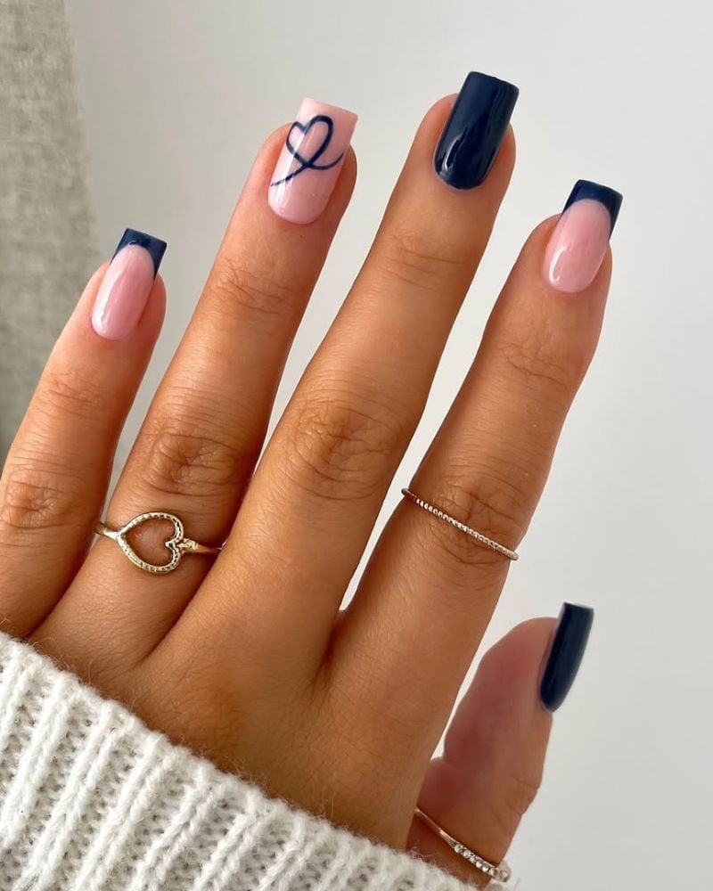 Long Square Pale Pink with Dark Blue French Tips and Heart Long Square Pale Pink with Dark Blue French Tips and Heart — Dark Blue Nails