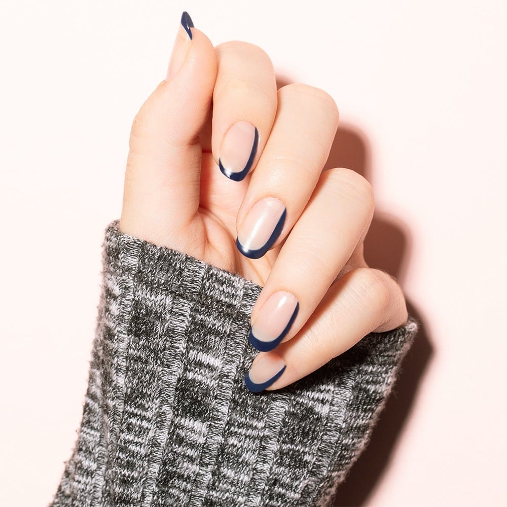 Sheer Nude Navy French Tip Short Square Nails Sheer Nude Navy French Tip Short Square Nails — Dark Blue Nails