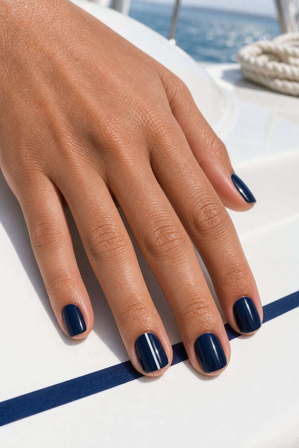 Deep Navy Glossy Nails with White Line Accent Deep Navy Glossy Nails with White Line Accent — Dark Blue Nails