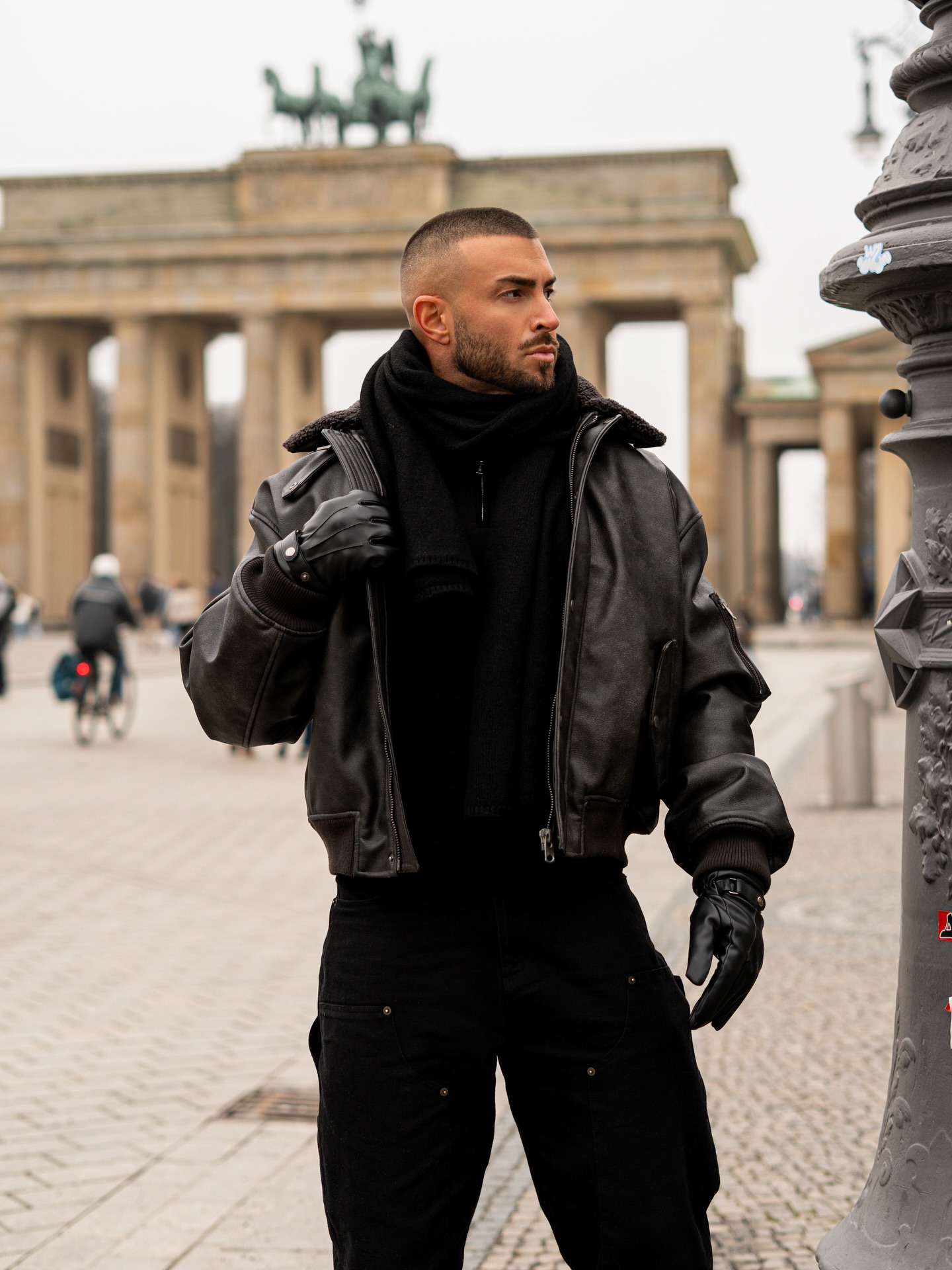 Dark Bomber Jacket With Black Cargo Pants