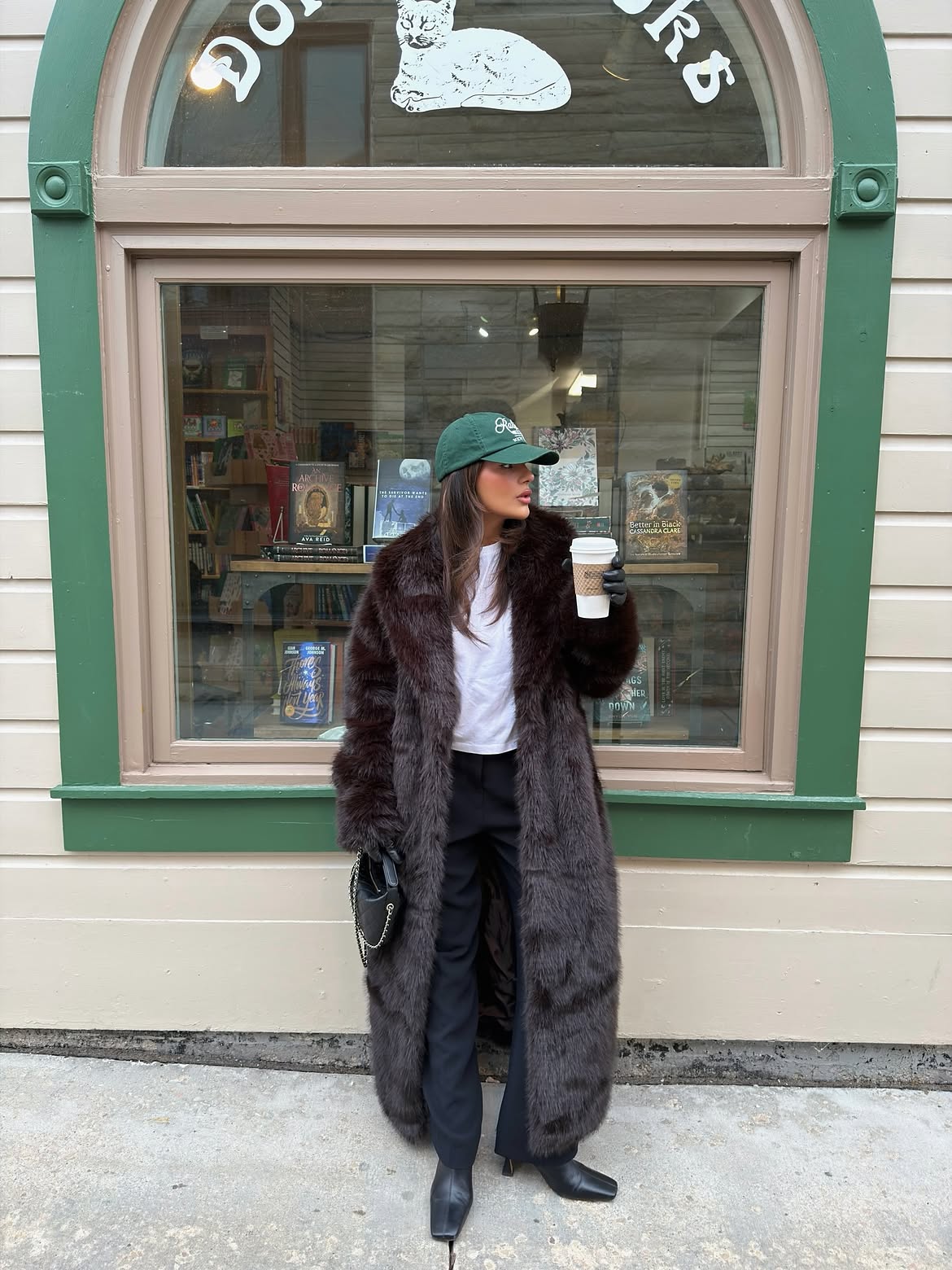 Dark Brown Faux Fur Coat And Cap Casual Look