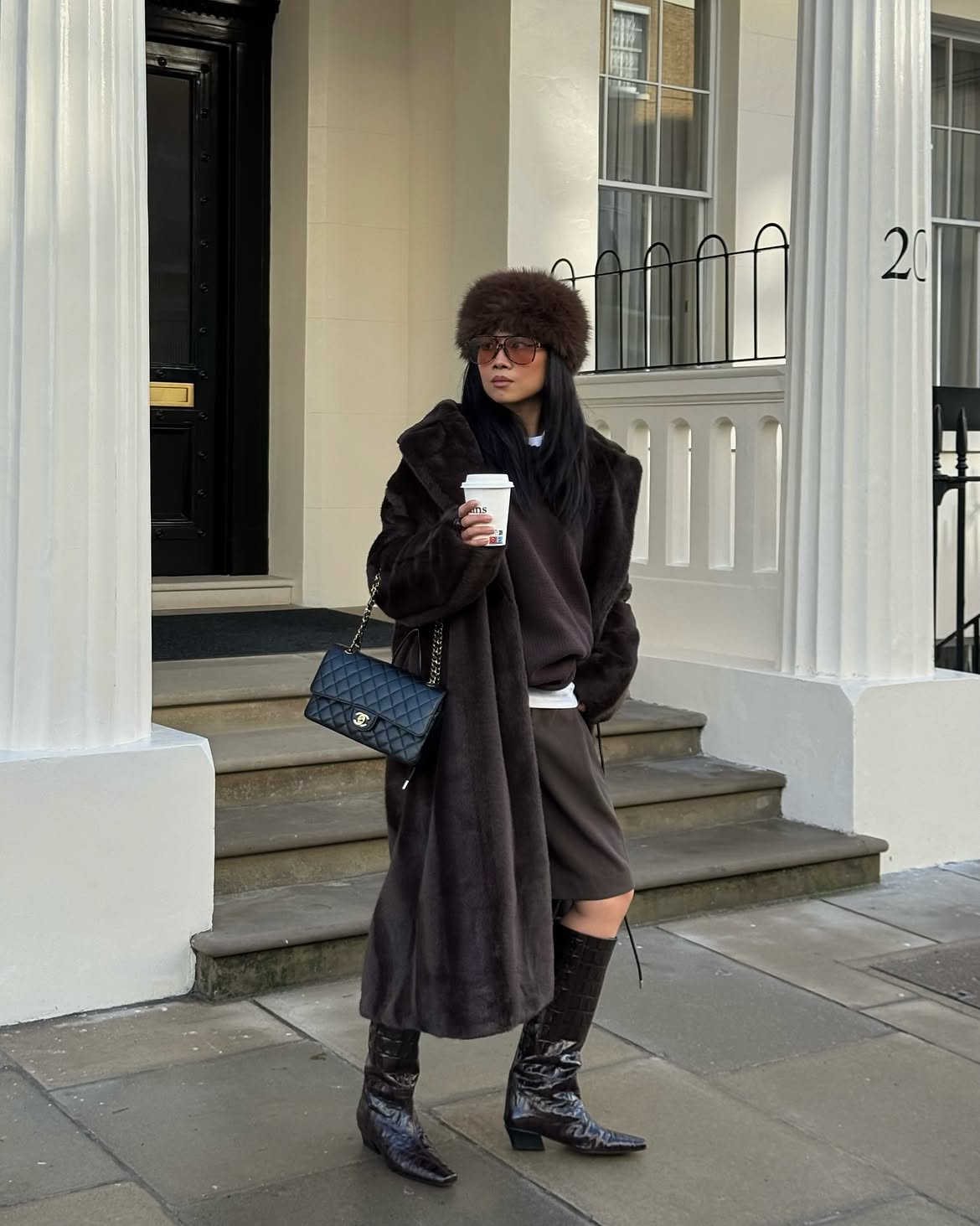 Dark Brown Faux Fur Coat And Knee High Boots