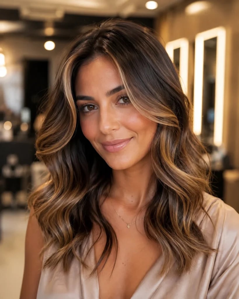 Collarbone Lob With Caramel Face-Framing Highlights Collarbone Lob With Caramel Face-Framing Highlights — Dark Brown Highlights