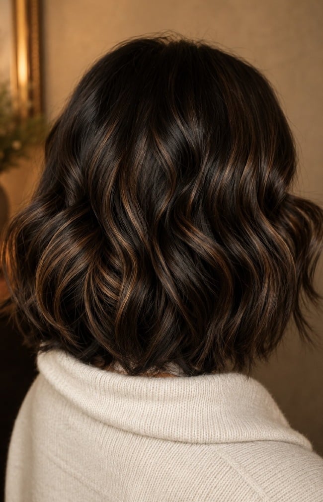Chin Length Bob With Caramel Highlights Chin Length Bob With Caramel Highlights — Dark Brown Highlights