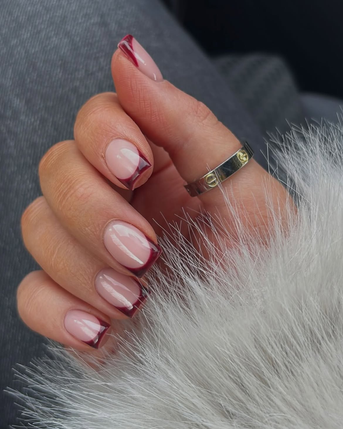 Dark Cherry French Tip Short Square Nails