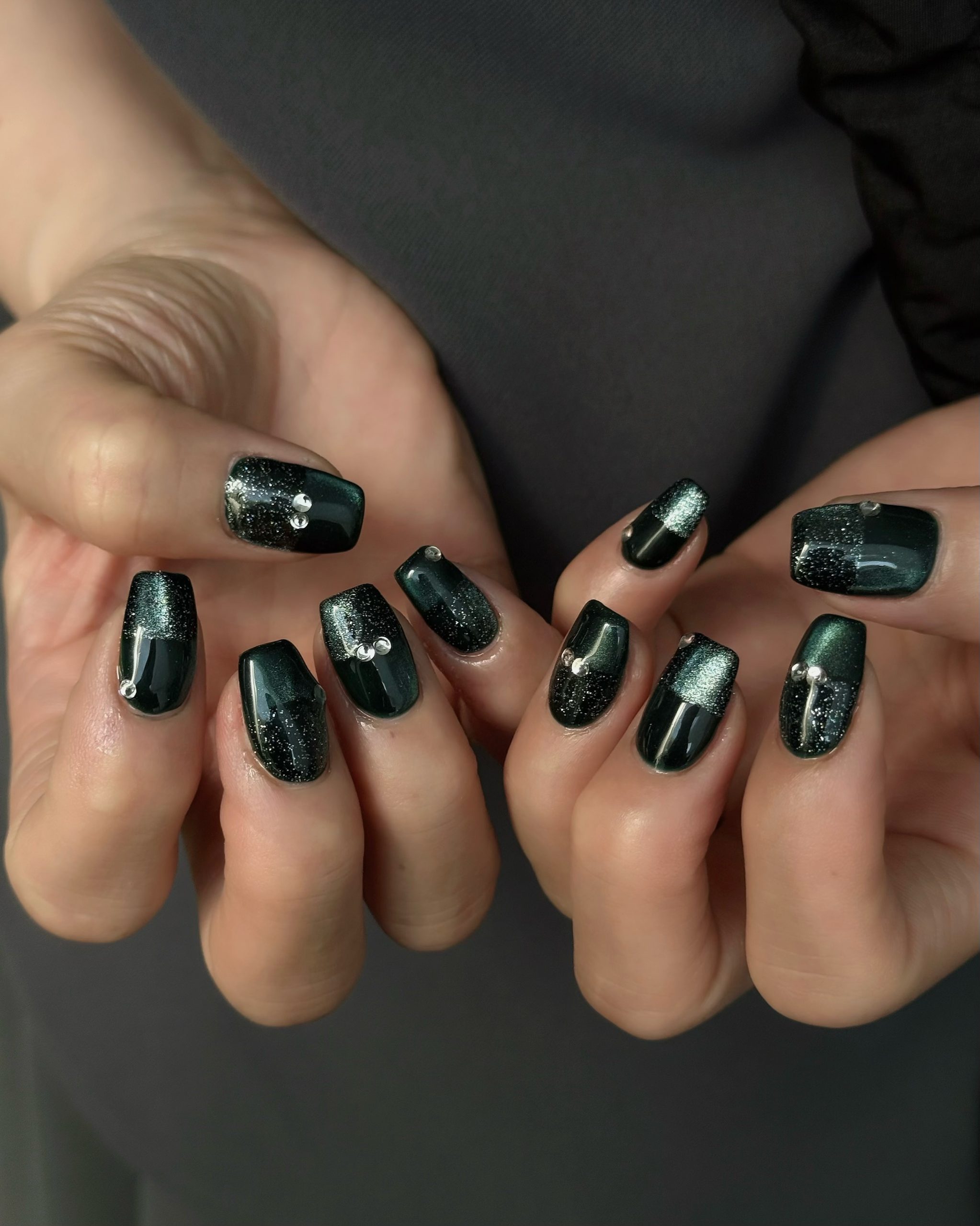 Dark Green Cat Eye French Tip with Rhinestones