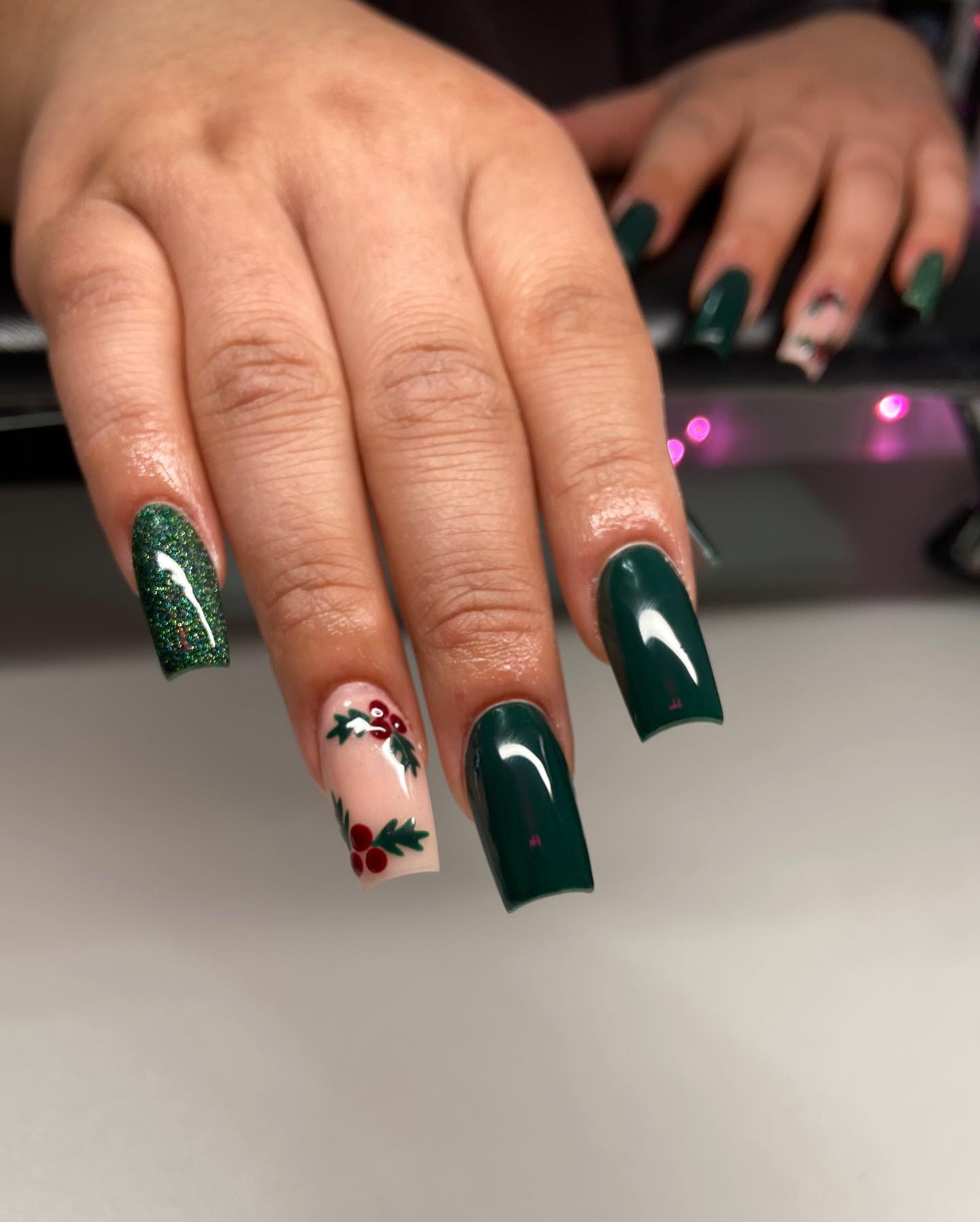 Dark Green Holly Berry Square Nails