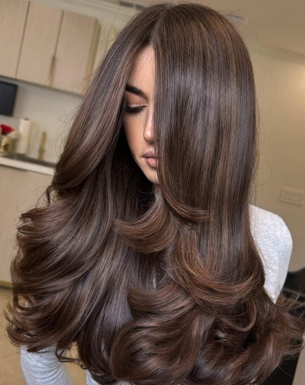 Mid-Back Layers With Subtle Highlights Mid-Back Layers With Subtle Highlights — Dark Hair Color